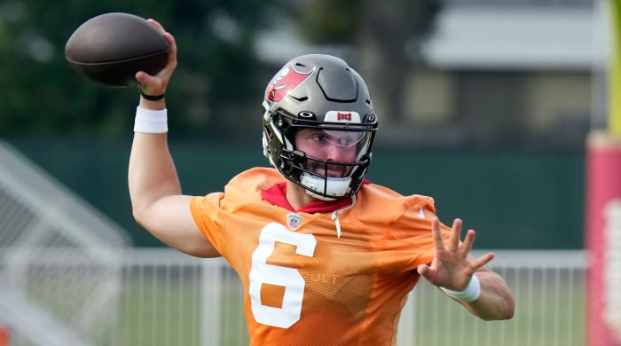 Buccaneers quarterback Baker Mayfield throws a pass during training camp.